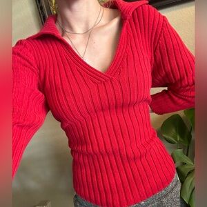 Vintage St. Johns Bay Ribbed Red Half Sleeve Notch V Neck Sweater Top L